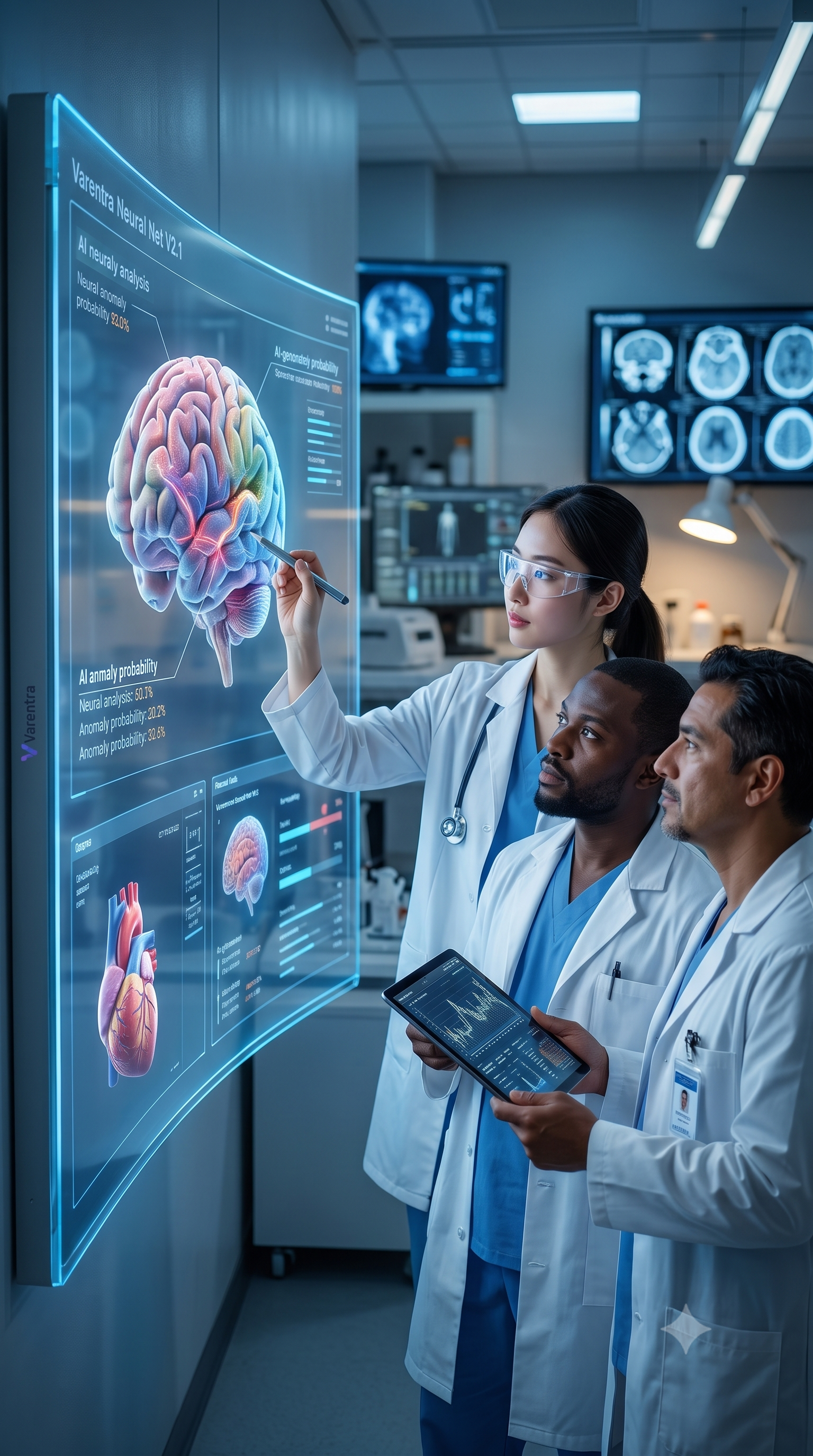 AI researchers in a futuristic healthcare lab